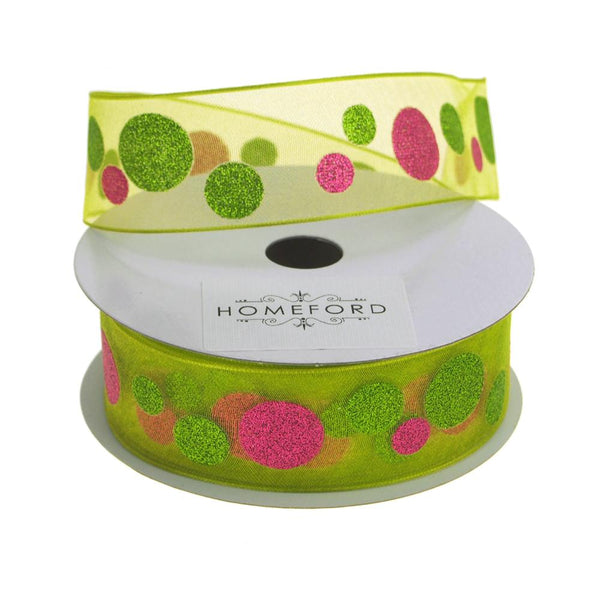 Glitter Dots Christmas Organza Ribbon Wired Edge, 1-1/2-Inch, 25 Yards, Lime