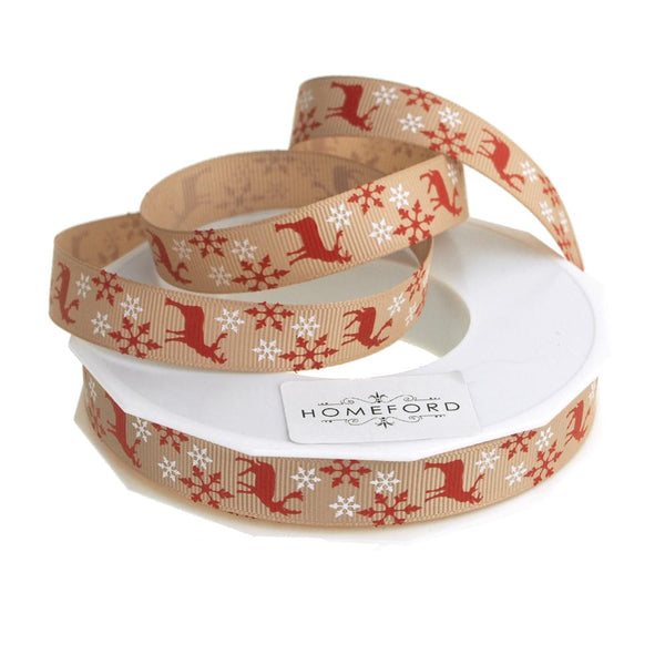 Burgundy Reindeer Snowflakes Christmas Grosgrain Ribbon, Natural, 5/8-Inch, 25 Yards