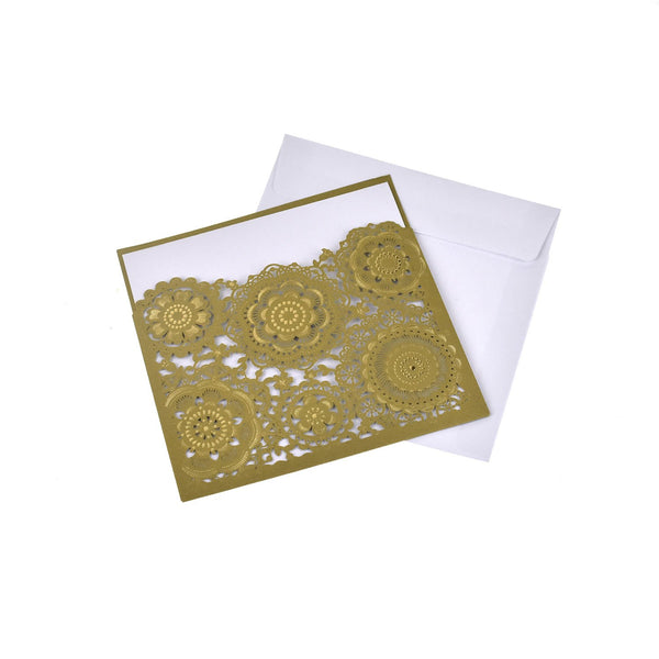 Blank Square Floral Mandala Lace Laser Cut Invitations, 6-1/4-Inch, 8-Piece, Gold