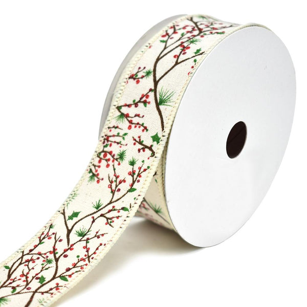 Holly Berry Branch Printed Wired Christmas Ribbon, 10-Yard, 1-1/2-Inch