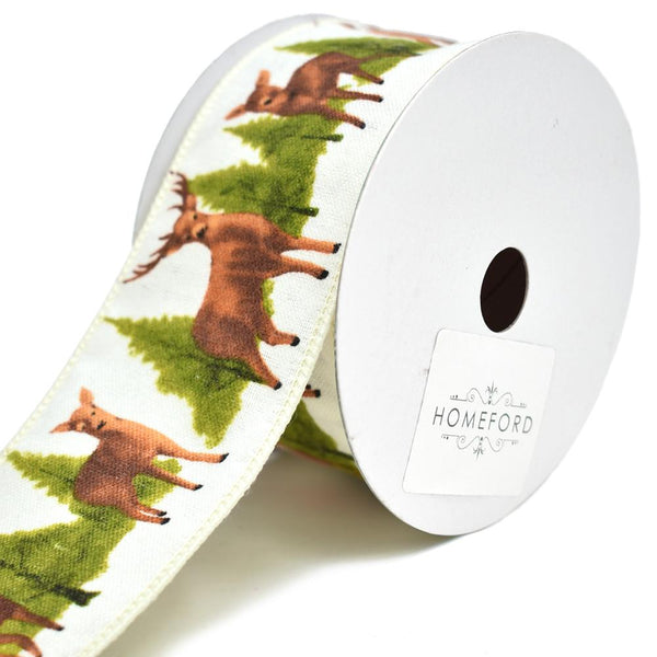 Deer and Trees Woodlands Christmas Wired Ribbon, Creme, 2-1/2-Inch, 10-Yard