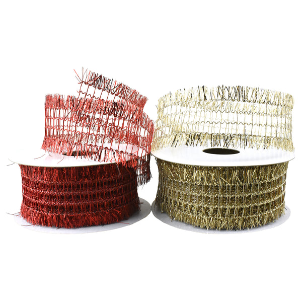 Christmas Metallic Open Weave Frayed Edge Wired Ribbon, 1-1/2-Inch, 10-Yard