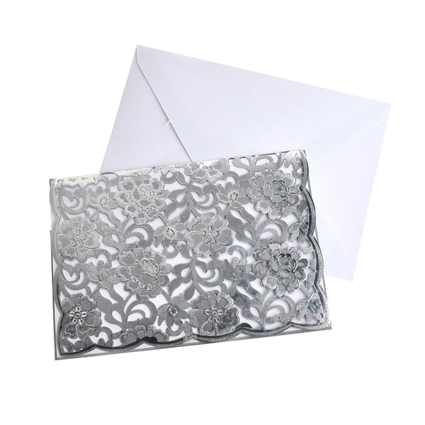 Rectangular Laser Cut Floral Imprint Blank Invitations, 7-1/4 Inch, 8-Piece, Silver