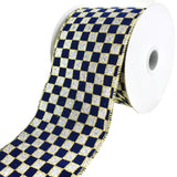 Glittered Checker Board Wired Ribbon, 4-Inch, 10-Yard - Navy Blue/Silver