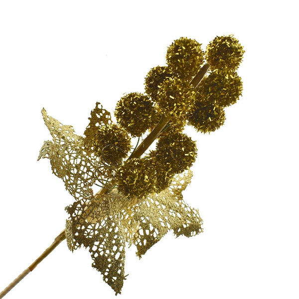 Glittered Pom Pom Ball Flower Spray Pick, 11-Inch, Gold