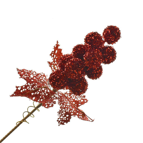 Glittered Pom Pom Ball Flower Spray Pick, 11-Inch, Red