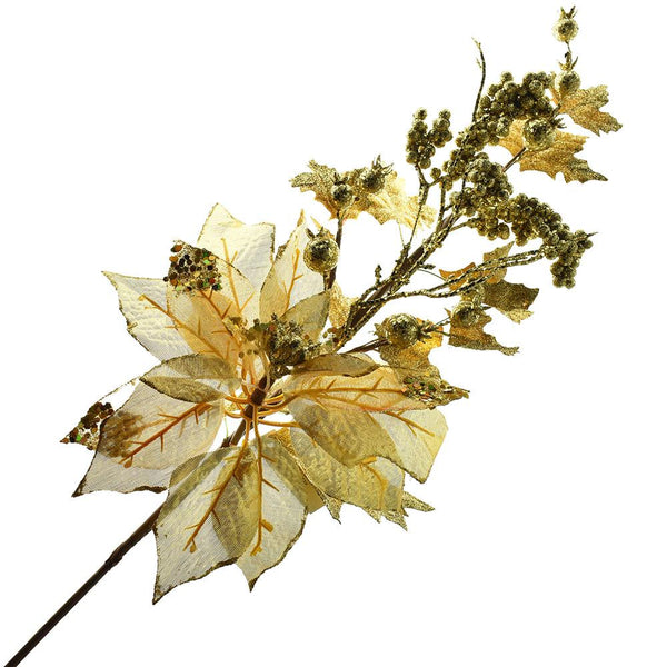 Metallic and Glitter Poinsettia Branch Spray, 25-Inch, Gold