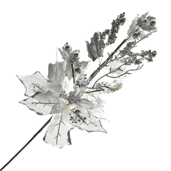 Metallic and Glitter Poinsettia Branch Spray, 25-Inch, Silver