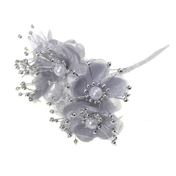 Satin Pearl Flowers Branch, 1-1/2-Inch, 12-Piece, Silver