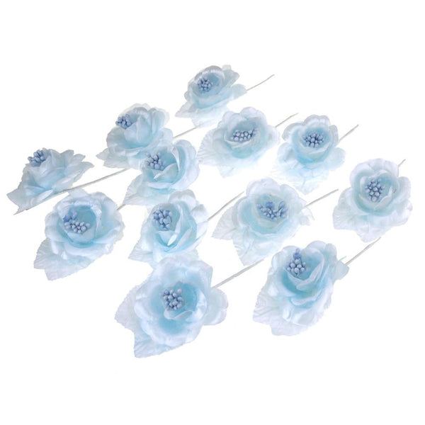 Single Satin Rose Beaded Flowers, 12-Piece, Blue