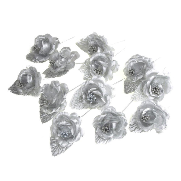 Single Satin Rose Beaded Flowers, 12-Piece, Silver