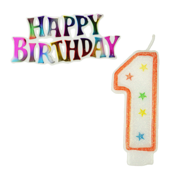 Glitter Number 1 Candle and Happy Birthday Sign, 3-3/8-Inch, 2-Piece