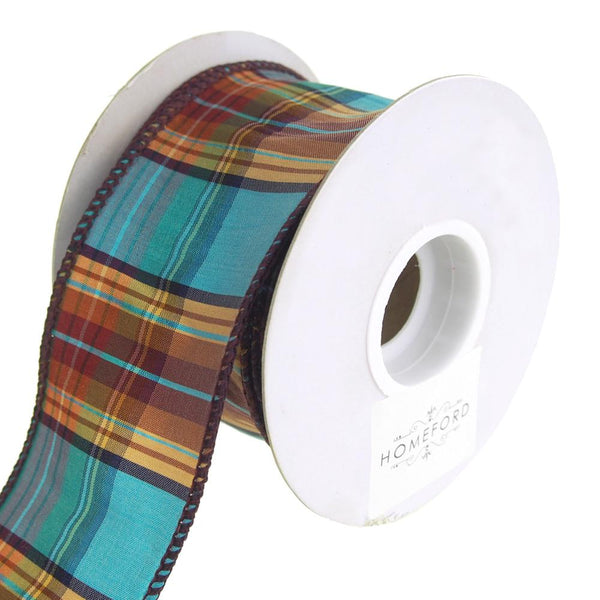 Elizabeth Plaid Wired Dupioni Ribbon, Turquoise, 2-1/2-Inch, 10 Yards