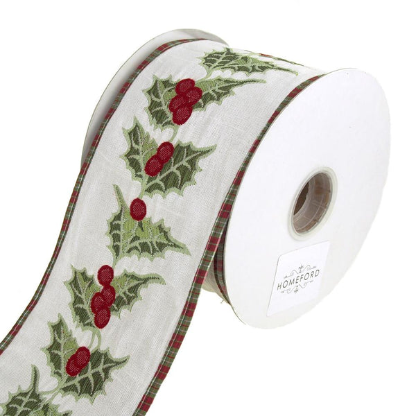 Holly Berry and Leaf Embroidered Wired Christmas Holiday Ribbon, 4-Inch, 10 Yards