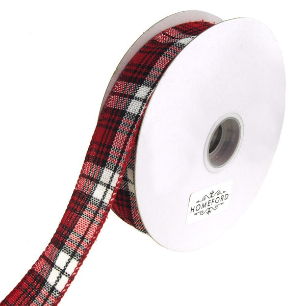 Cabin Natural Woolen Plaid Wired Holiday Christmas Ribbon, Red/Black, 1-1/2-Inch, 20 Yards