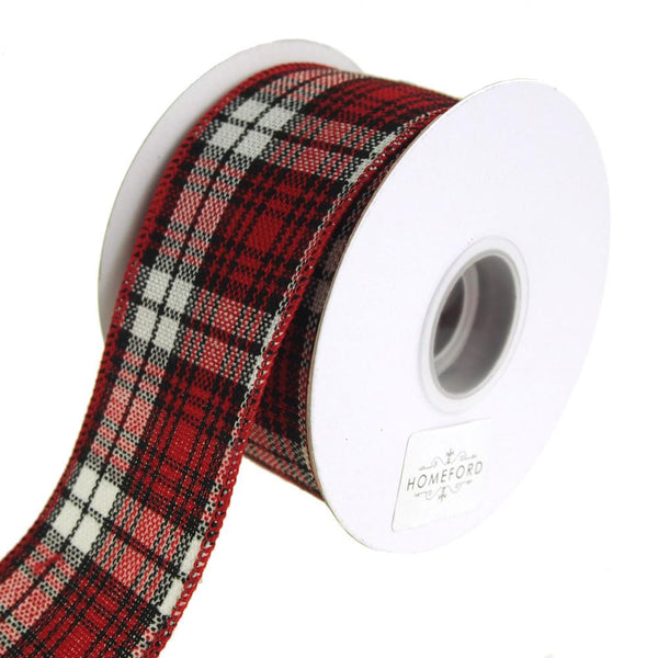 Cabin Natural Woolen Plaid Wired Holiday Christmas Ribbon, Red/Black, 2-1/2-Inch, 10 Yards