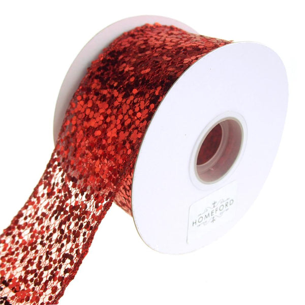 Sequin Glitter Web Wired Christmas Holiday Ribbon, Red, 2-1/2-Inch, 10 Yards