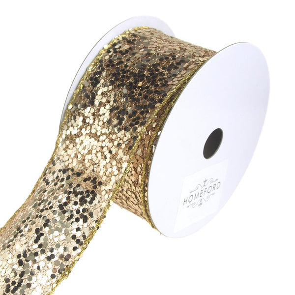 Sequin Glitter Web Wired Christmas Holiday Ribbon, Champagne, 2-1/2-Inch, 10 Yards