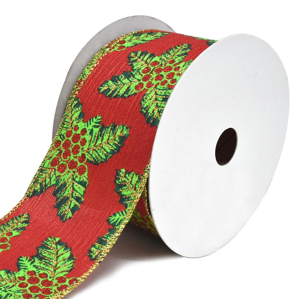 Holly Leaves Berries Crinkle Wired Christmas Ribbon, 2-1/2-Inch, 10-Yard