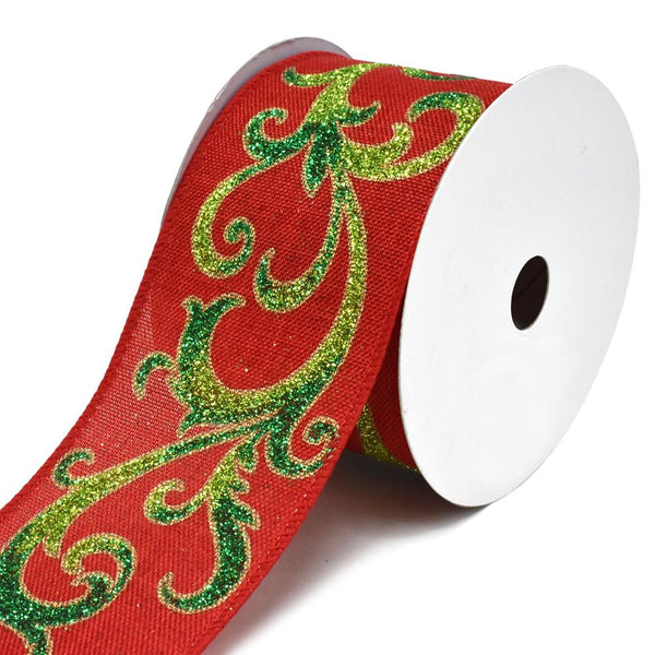 Festive Green Glitter Scroll Wired Linen Christmas Ribbon, Red, 2-1/2-Inch, 10-Yard