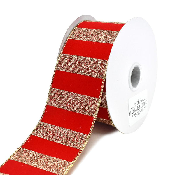 Christmas Golden Glitter Bars Striped Velvet Wired Ribbon, 2-1/2-Inch. 10-Yard