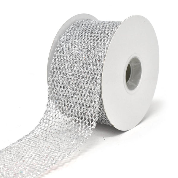 Grand Net Glitter Wired Edge Christmas Ribbon, Silver, 2-1/2-Inch, 10-Yard