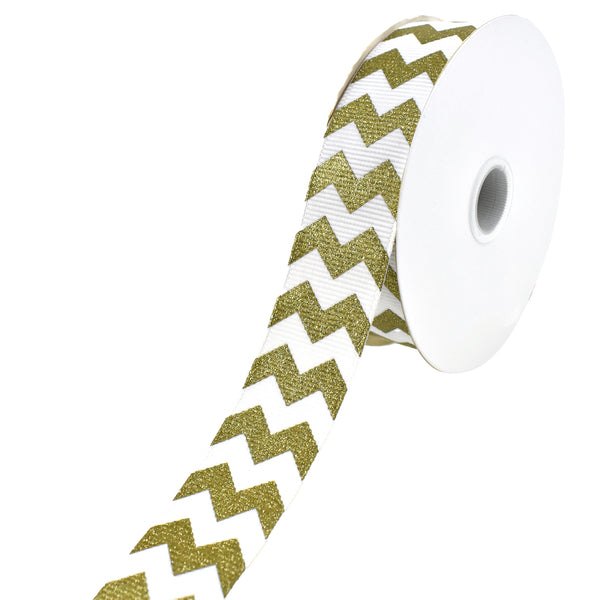 Sugar Chevron White Grosgrain Ribbon, 7/8-Inch, 4-Yard - Gold