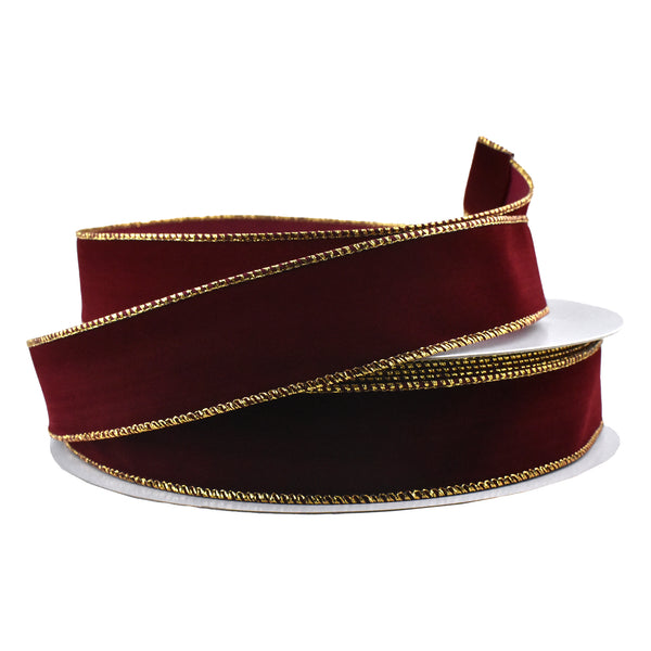 Christmas Velvet Wired Edge Ribbon, Burgundy/Gold, 1-1/2-Inch, 50-Yard