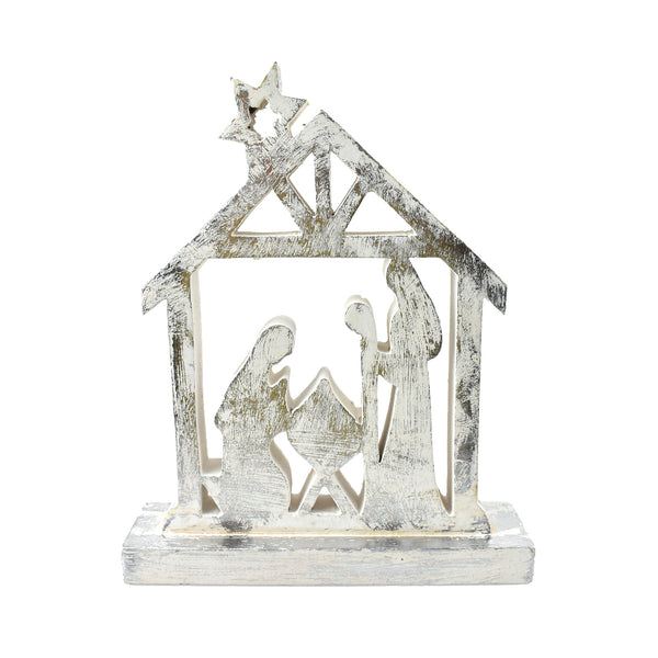 Wooden Nativity Scene Tabletop Decor, Silver Foil, 8-1/2-Inch