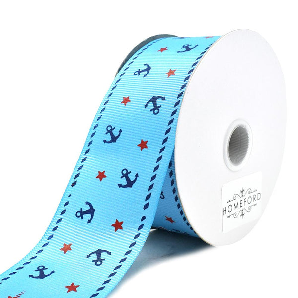 Nautical Anchor and Star Grosgrain Ribbon, Blue, 1-1/2-Inch, 25-Yard