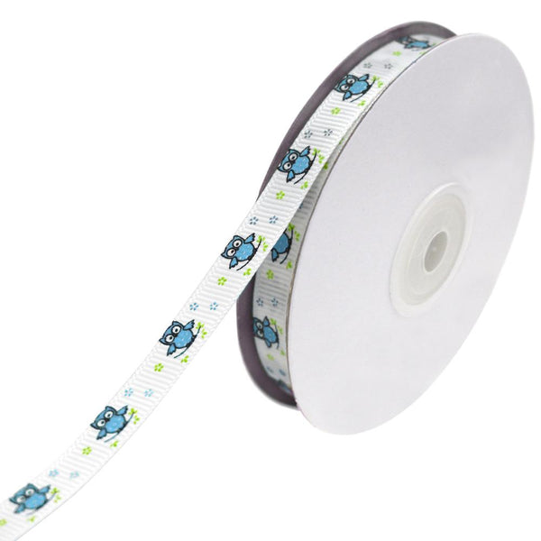 Floral Owl on Branch Grosgrain Ribbon, Turquoise, 3/8-Inch, 25-Yard