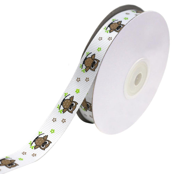 Floral Owl on Branch Grosgrain Ribbon, Brown, 5/8-Inch, 25-Yard