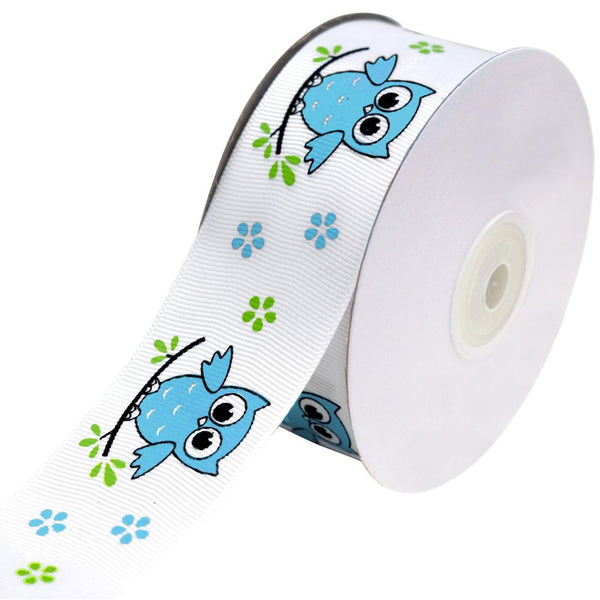 Floral Owl on Branch Grosgrain Ribbon, Turquoise, 1-1/2-Inch, 25-Yard