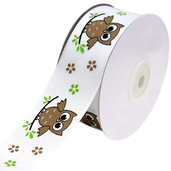 Floral Owl on Branch Grosgrain Ribbon, Brown, 1-1/2-Inch, 25-Yard