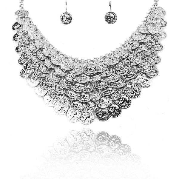 Multi Layer Dangling Coin Necklace Set, Silver