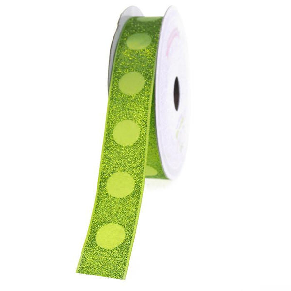 Glitter Ribbon with Satin Dots, 7/8-inch, 10-yard, Apple Green