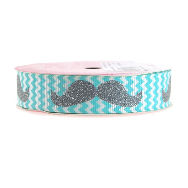 Glitter Mustache Chevron Grosgrain Ribbon, 7/8-inch, 3-yard, Aqua