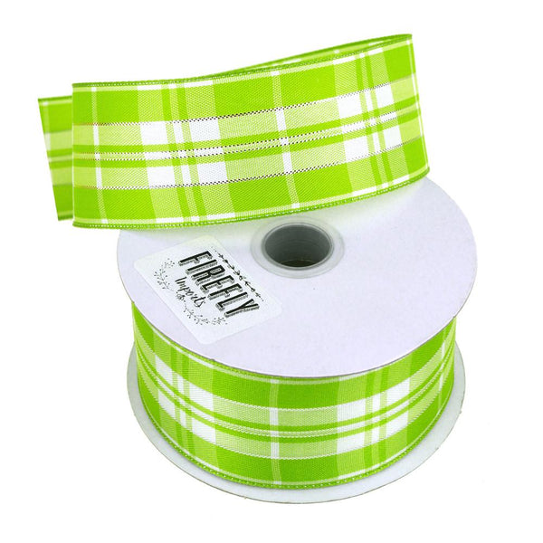 Plaid Checkered Holiday Christmas Ribbon Wired Edge, 1-1/2-Inch, 10 Yards, Apple Green