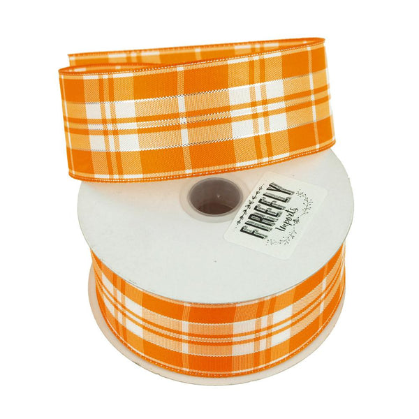 Plaid Checkered Holiday Christmas Ribbon Wired Edge, 1-1/2-Inch, 10 Yards, Orange