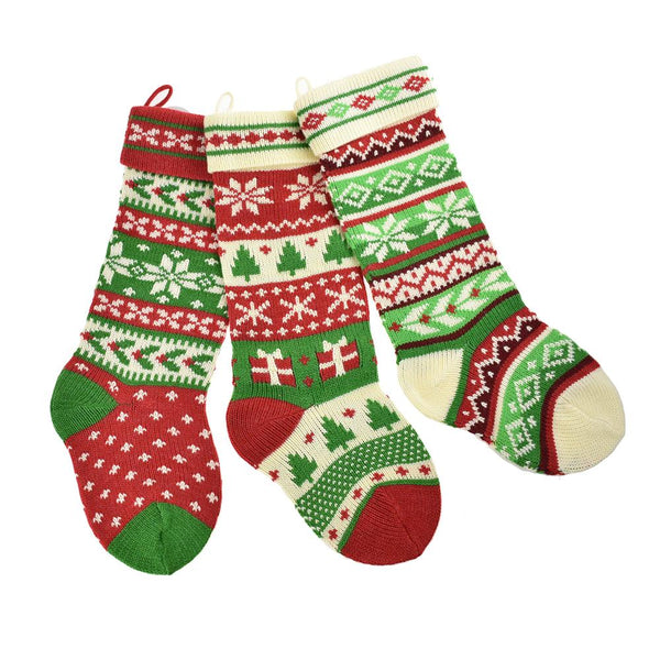 Knitted Snowflake and Tree Christmas Stockings, Red/White/Green, 20-Inch, 3-Piece