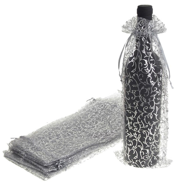 Holiday Swirl Organza Wine Bottle Bags, 13-Inch, 12-Piece, Silver/Silver