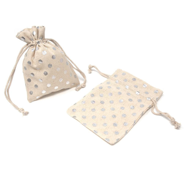 Printed Cotton Favor Pouch Bags, 3-1/2-Inch x 5-Inch, 12-Count, Metallic Silver Dots