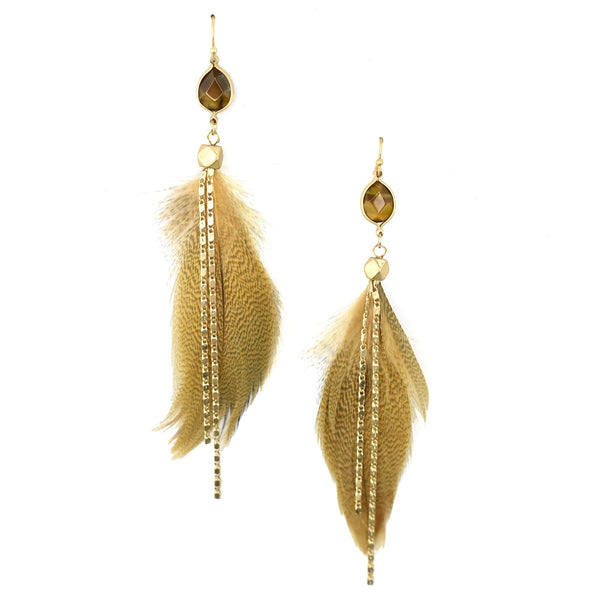 Feather with Stone Drop Earrings, Mustard, 4-Inch