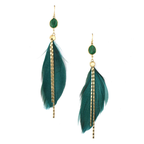 Feather with Stone Drop Earrings, Teal, 4-Inch