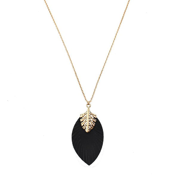 Leather Leaf Shaped Pendant Necklace, Black, 30-Inch