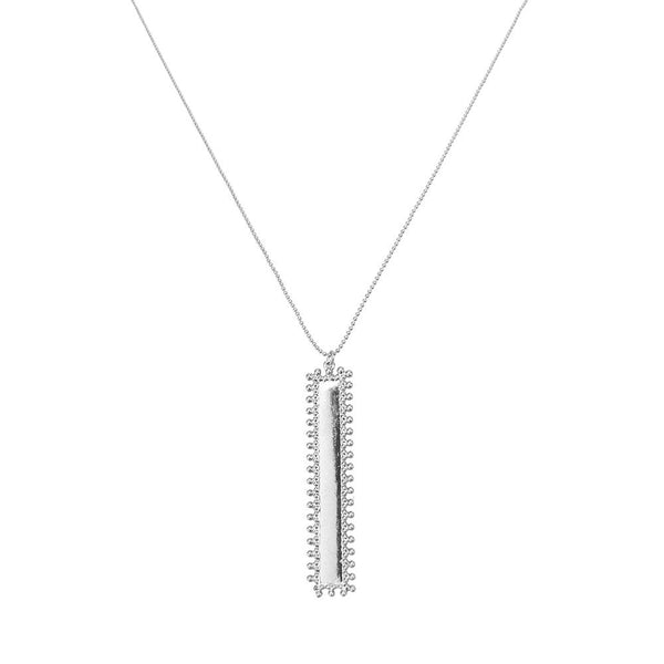 Rectangular Beaded Edge Pendant Necklace, Silver, 30-Inch