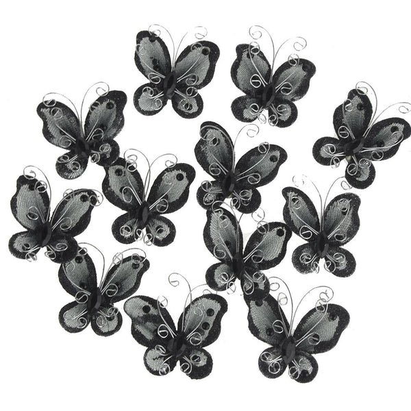 Organza Nylon Glitter Butterflies, 2-inch, 12-Piece, Black