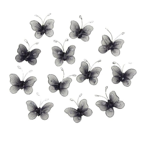 Organza Nylon Glitter Butterflies, 1-inch, 12-Piece, Black