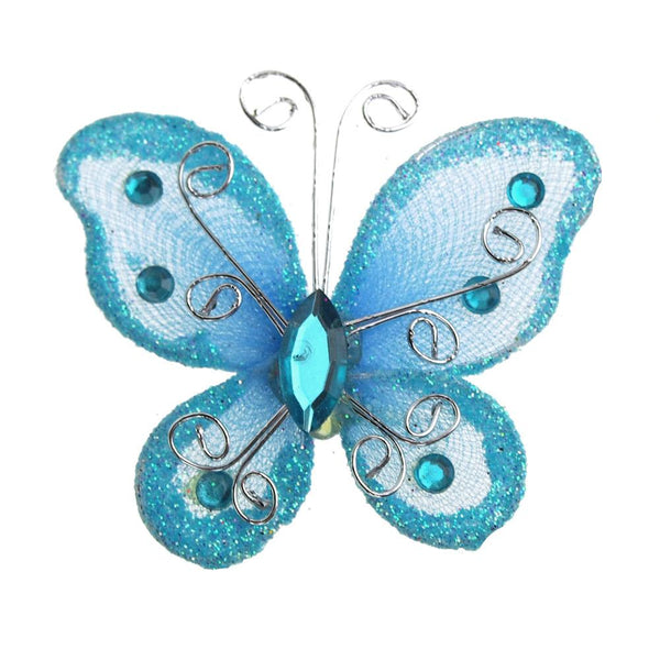 Organza Nylon Glitter Butterflies, 3-inch, 12-Piece, Light Blue