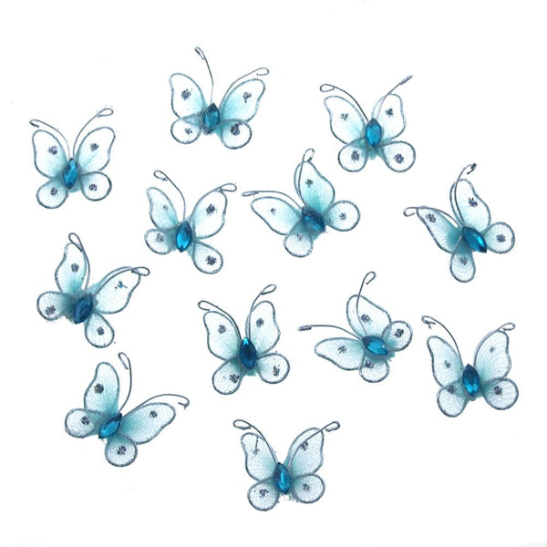 Organza Nylon Glitter Butterflies, 1-inch, 12-Piece, Light Blue